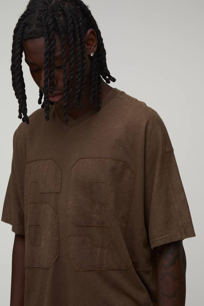 Oversized Boxy Appliqué Gewassen T-shirt En Short Set | Brown | Size Medium