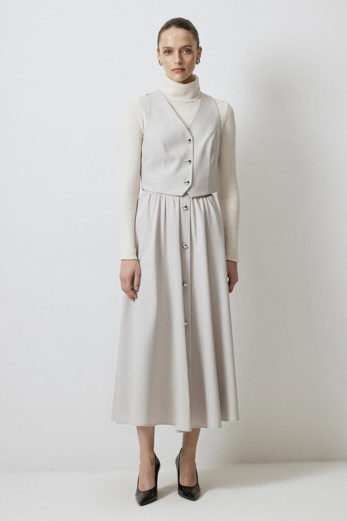 Touché Privé - Gestreepte set van gilet en rok - Grijs - Dames