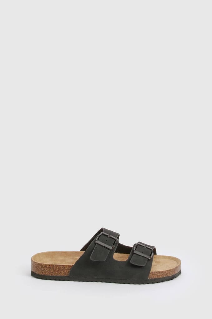 boohoo Dames Double Strap Footbed Buckle Sliders | Zwart | Maat: 37