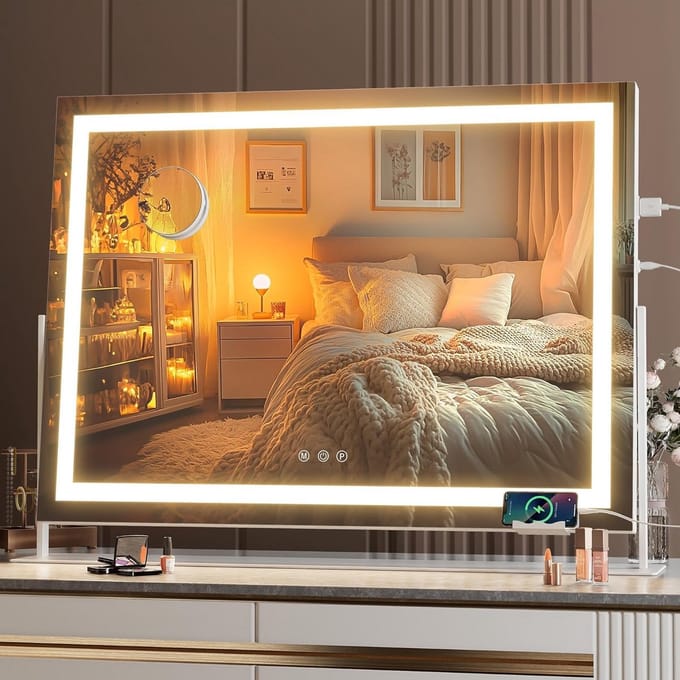 Verlichte make-upspiegel met 10x vergroting en dimbare LED verlichting