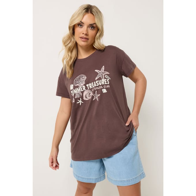 Yours Chocoladebruin 'Zomerschatten' Slogan Tshirt Size 42