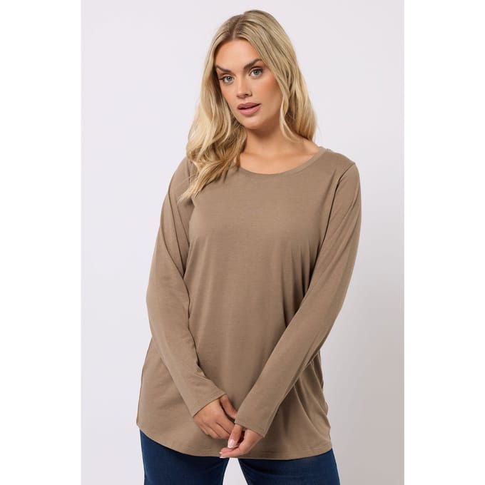 Yours Natural Brown Tshirt Met Lange Mouwen Size 48