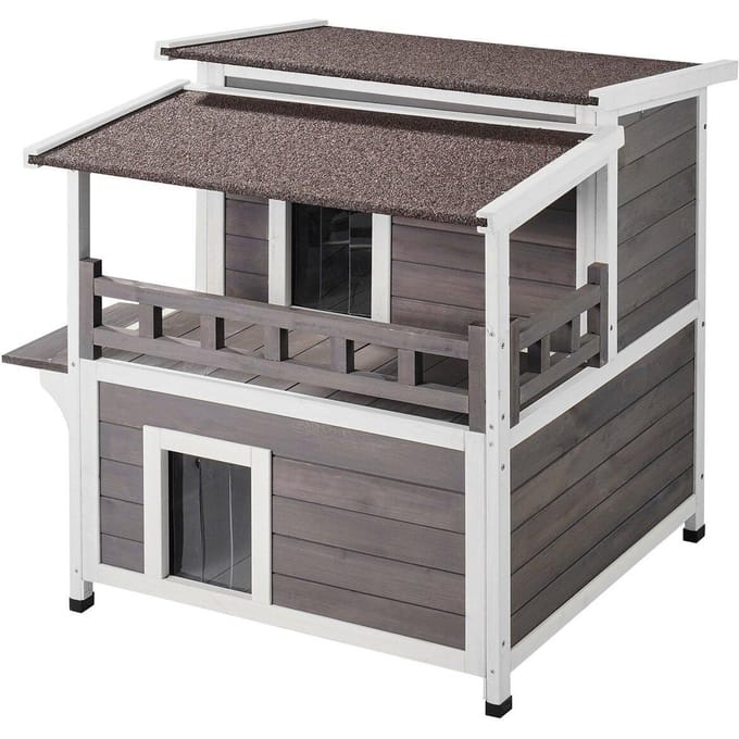 Maisonnette pour chat d'extérieur à 2 étages en bois pour chat errant avec balcon et toit
