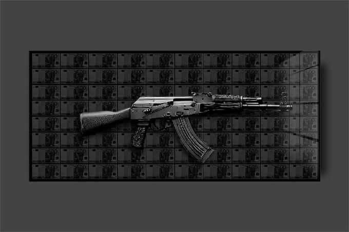 Euro AK47 schilderij op plexiglas 120X50CM