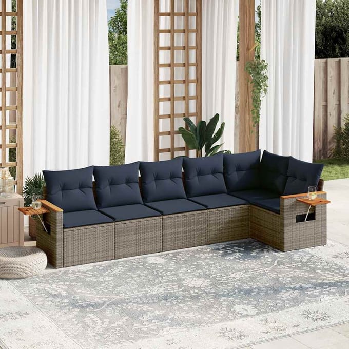 vidaXL - 6-delige - Loungeset - met - kussens - poly - rattan - grijs