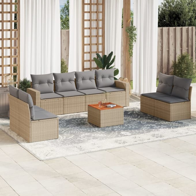 vidaXL - 9-delige - Loungeset - met - kussens - poly - rattan - beige
