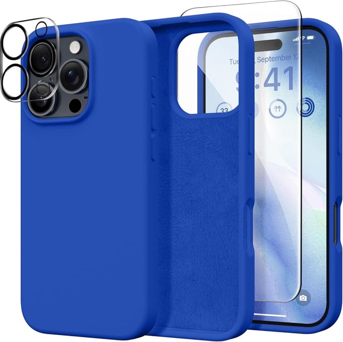 Solid hoesje Soft Touch Liquid Silicone Flexible TPU Rubber + Screenprotector - Camera Lens - Geschikt voor: iPhone 16 Pro Max - Kobaltblauw