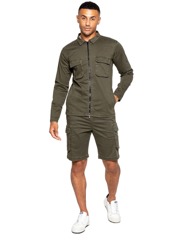 Enzo | Heren Cargo Trainingspak Met Korte Broek Set - Khaki