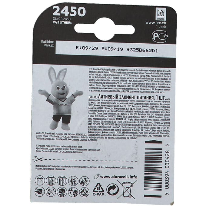 Batterij duracell knoopcel 1xcr2450 lithium 3v-540mah