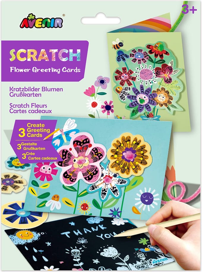 AVENIR Scratch Art Wenskaarten - Bloemen - Met Enveloppen - 3 Stuks - 3 Jaar