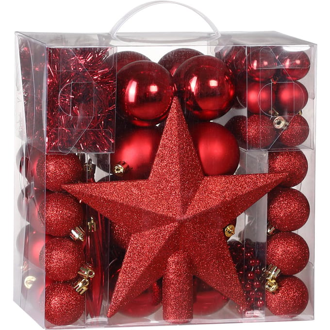 Deuba Kerstboomballen - Set van 77 Kunstof Mat Glanzend - Rood