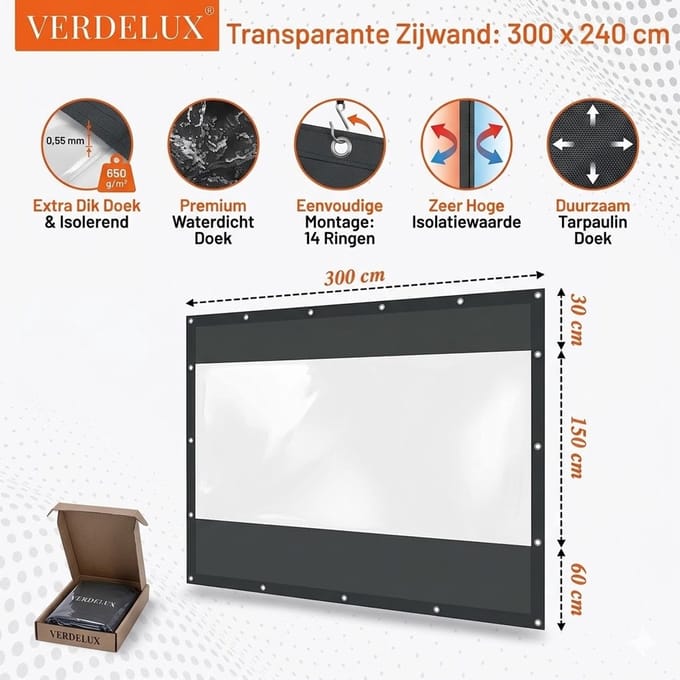 Windscherm Transparante Wand Verdelux 300 x240 cm | Klittenband opening
