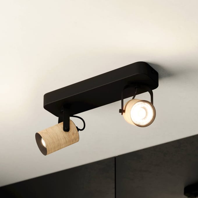 EGLO Cayuca plafondspot, zwart/houten decor, 2-lamps