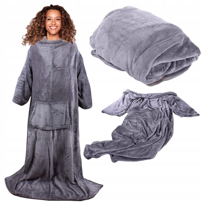 Fleece noony - Fleece - plaid - grijs - badjas - plaid met mouwen