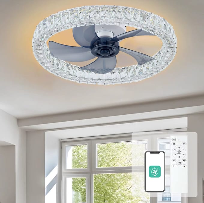 Crystal Ventilator Lamp - 6 Standen - Smart Lamp - Dimbaar - Kroonluchter Ventilator - Chroom - Woonkamer Lamp