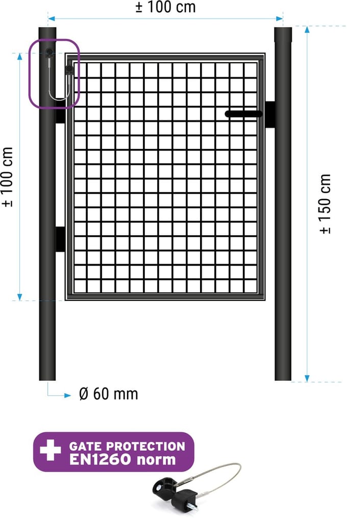 Enkele poort 100 cm (hoogte) 100cm (lengte) RAL 9005 zwart