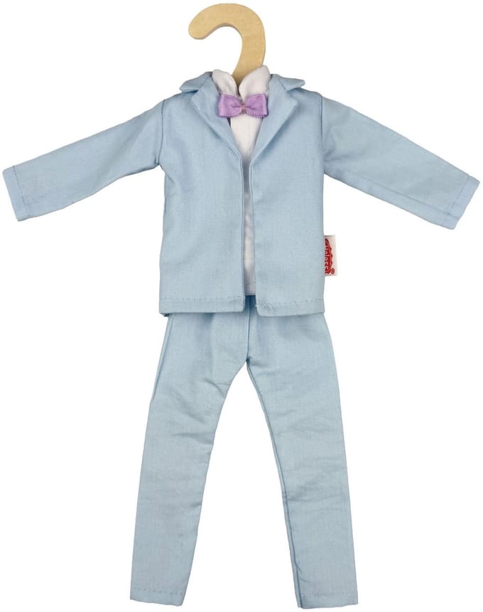 Heless modepop kledingset smoking lichtblauw 29 cm met vlinderdas.