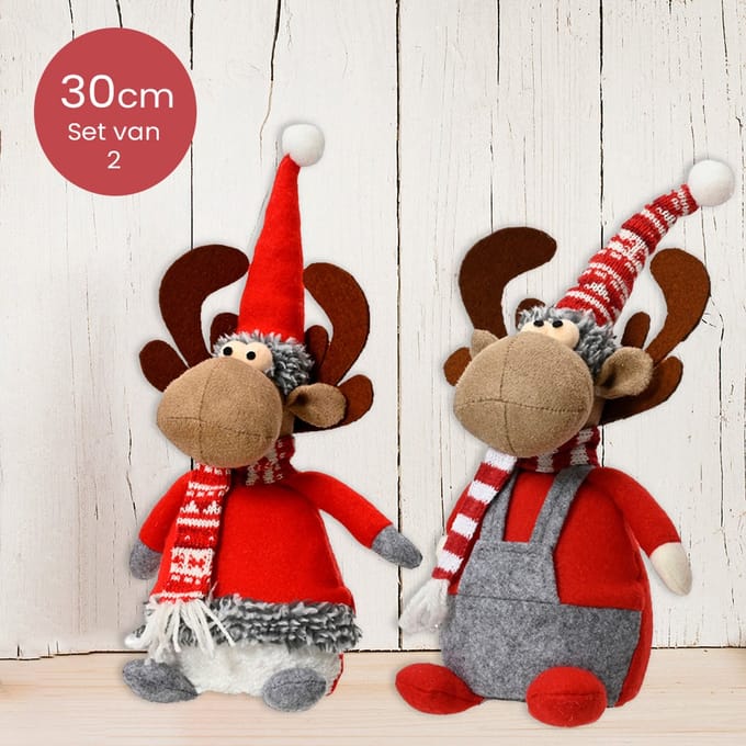 Polyester rendieren grijs met muts - Duo pack - 30cm