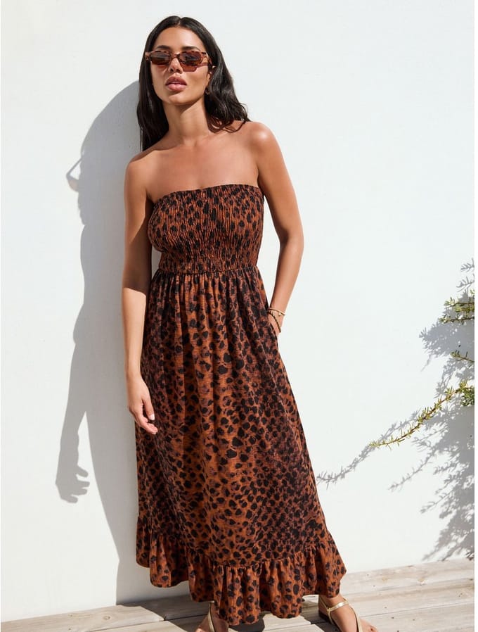Next - Dames - Bedrukte Bandeau Frill Zomer Midi Dress - Bruin