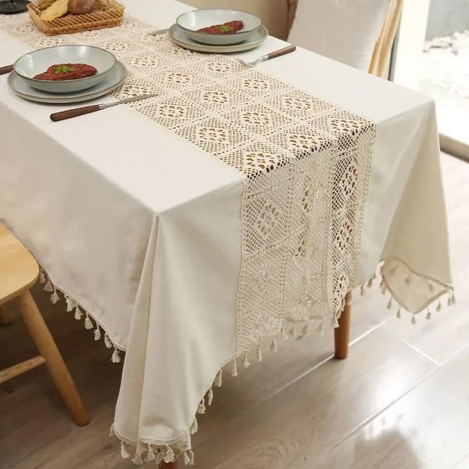 Katoen Linnen Kant Patchwork Tafelkleed Frans Hol Haakwerk Ruit Theetafelkleed Kwast Decoratief Groen Tafelblad Cover 100x140cm 1pcs