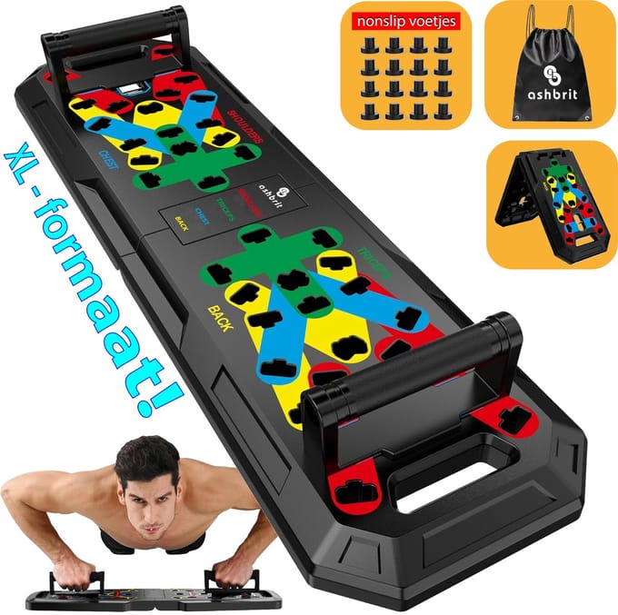 Ashbrit® Push-Up Bord XL PRO – Opdruksteun - Extra Groot ABS Opdrukbord – Push-Up Grips – Calisthenics – Inclusief Draagtas