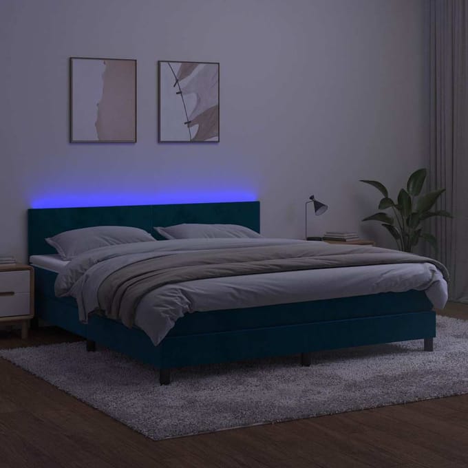 vidaXL - Boxspring - met - matras - en - LED - fluweel - donkerblauw - 160x200 - cm