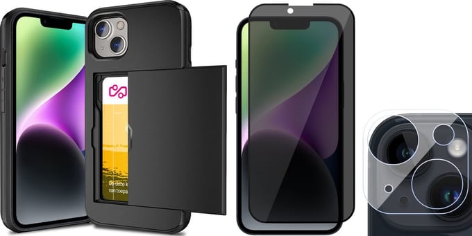 Hoesje met Pasjeshouder geschikt voor iPhone 15 Plus - Privacy Screenprotector FullGuard & Camera Lens Screen Protector - Back Cover SlideCase Zwart