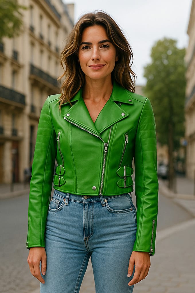 Dames appelgroene cropped Brando leren bikerjack - Durban