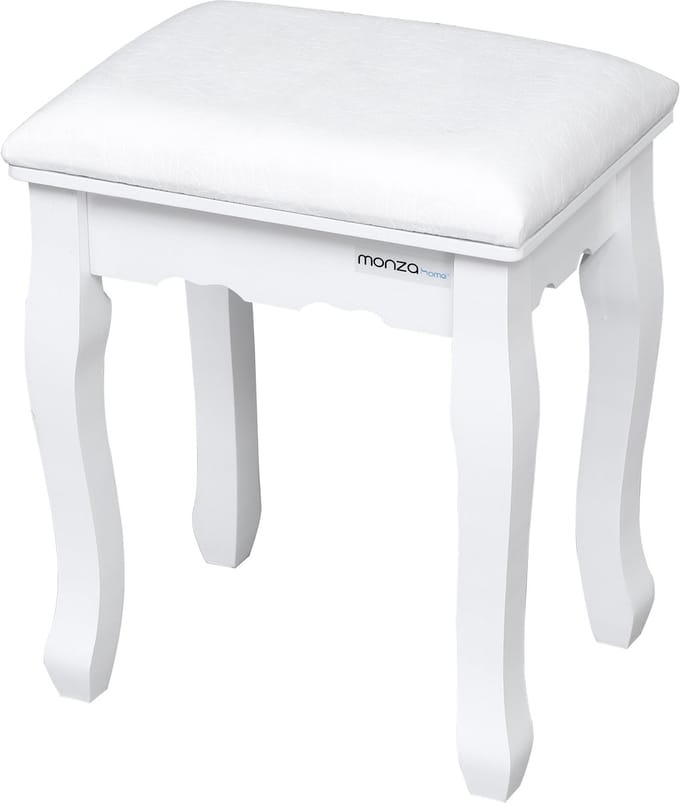 Kaptafel Kruk – Make Up Kruk met Gestoffeerde Zitting en Traagschuim – Massief Houten Poten – 130 kg Draagvermogen – Zithoogte 45 cm – 37 x 28 x 45 cm – Wit – Monza Home