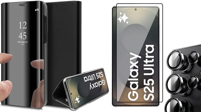 Hoesje geschikt voor Samsung Galaxy S25 Ultra - Screenprotector Glas & Camera - Spiegel Book Case Zwart