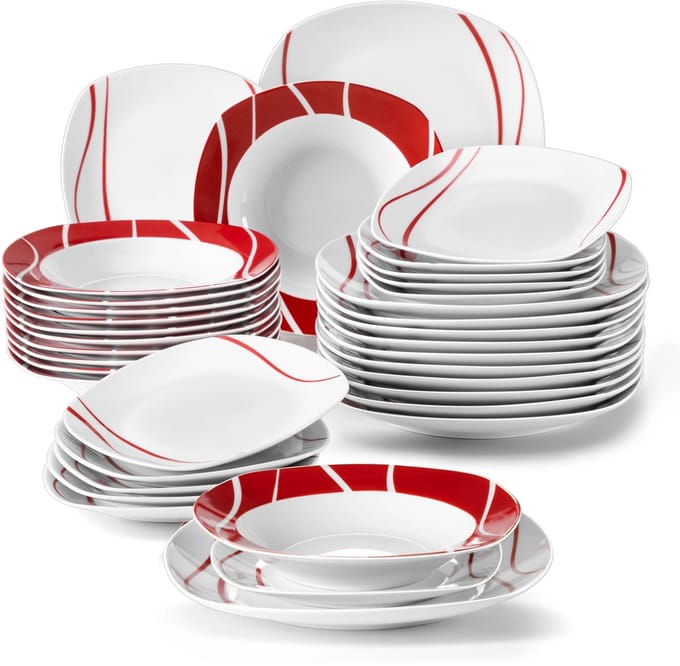 Serviesset - 12 Persoons Servies - Keramiek - Diner-, Soep- en Dessertborden - 36-delige Set - Wit - Rood