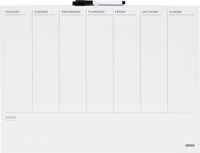 DESQ® Weekplanner - Whiteboard - Frameloos - Magnetisch - Droog Uitwisbaar - Horizontale indeling - 40 x 50 cm