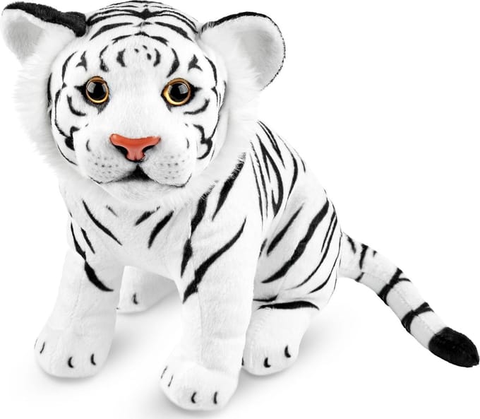 BRUBAKER Tiger knuffeldier, 30 cm, knuffeldier, zittend babydier, pluche speelgoed voor kinderen, wit