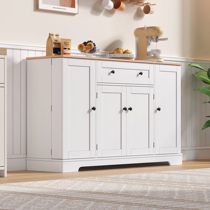 REDOM Sideboard 138 cm Natural/White MDF – Multifunctioneel keukenkast met 4 opbergruimten & anti-kantel