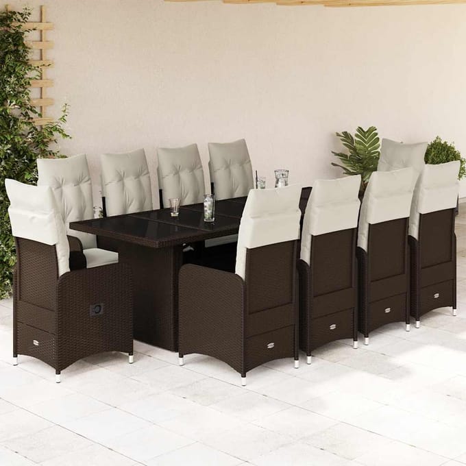 vidaXL - 11-delige - Bistroset - met - kussens - poly - rattan - bruin