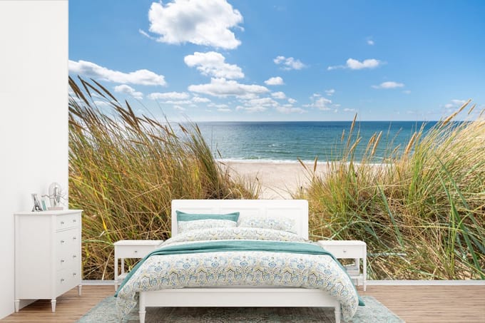 Behang - Fotobehang Duin - Gras - Zee - Strand - Breedte 330 cm x hoogte 220 cm