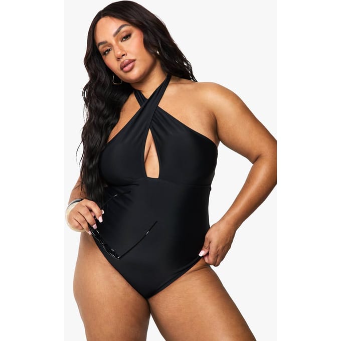 boohoo Dames Plus Buikcontrole Cross Over Badpak | Zwart | Maat: 56