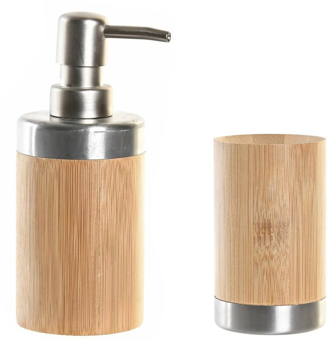 ITEM international Badkamer accessoires set - drinkbeker - zeeppompje - 17 cm - bamboe - zilver