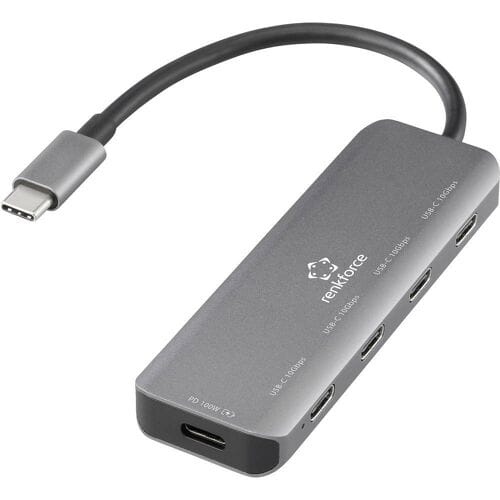 Renkforce RF-USBCH-220 RF-6872246 USB-hub 4 poorten USB-C USB 3.2 Gen2 10 GBit/s Met aluminium behuizing, Met USB-C stekker Grijs