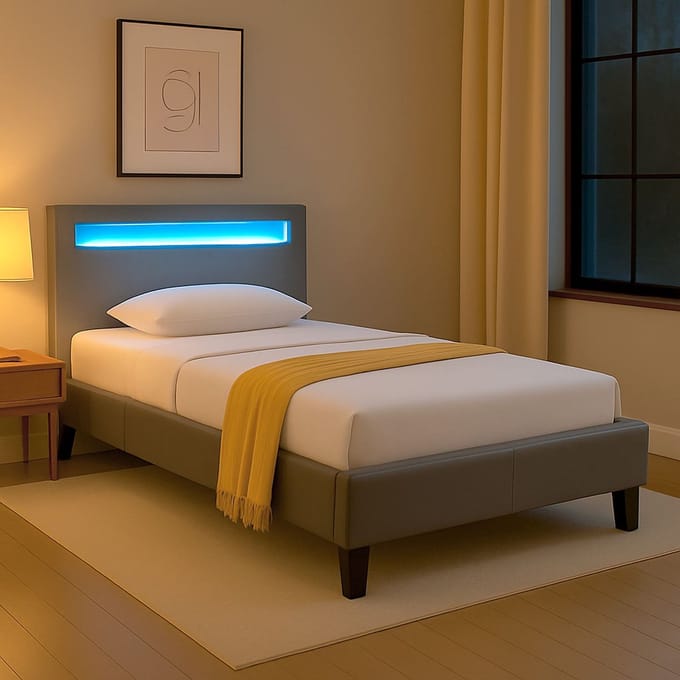 Gestoffeerd bed MANDALAY 90x200 cm incl. led-verlichting, kunstleer - grijs