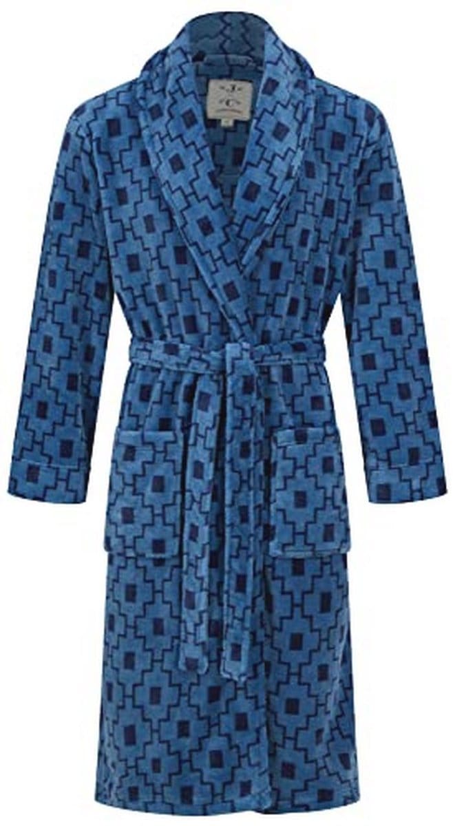 Warme fleece ochtendjas voor heren, blauw geometrisch patroon