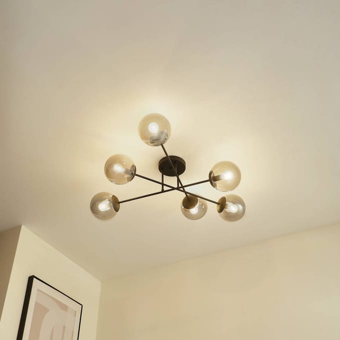 Lindby - plafondlamp - 6lichts - Ijzer, glas - H: 28 cm - E14 - zwart, rookgrijs