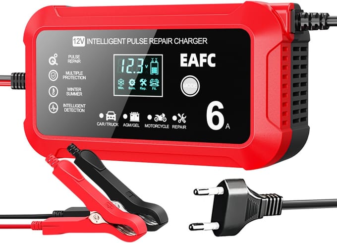 EAFC 12V 6A Auto Acculader – Druppel en Snellader met LCD Display – Voor Motor Boot en AGM/Loodaccu’s – Reparatiemodus - Sinterklaas cadeau auto