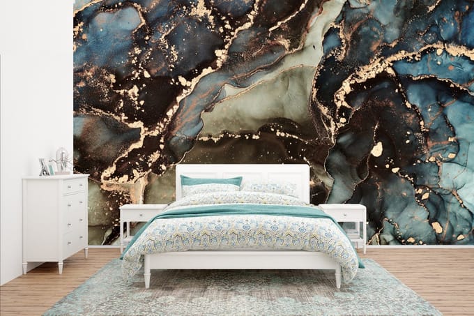 Behang - Fotobehang Marmer - Goud - Groen - Breedte 400 cm x hoogte 240 cm