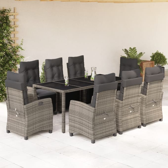 vidaXL - 9-delige - Tuinset - met - kussens - poly - rattan - grijs