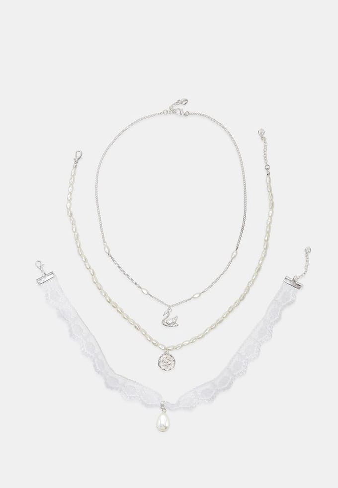 Stradivarius Set van 3 kettingen met zwaan  Grijs OS