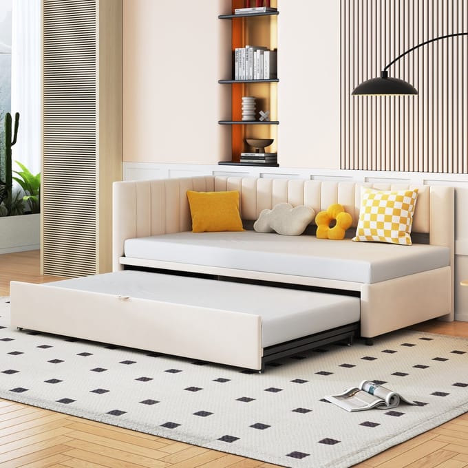Sweiko Slaapbank - 90/180 × 200 cm - Uitschuifbaar bed - Velvet - Beige
