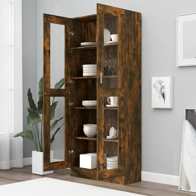 vidaXL - Vitrinekast - 82,5x30,5x185 - cm - bewerkt - hout - gerookt - eikenkleur