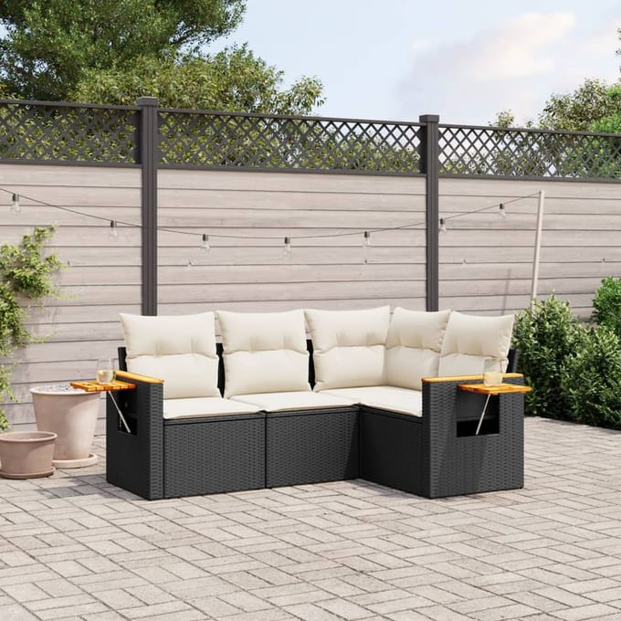 vidaXL - 4-delige - Loungeset - met - kussens - poly - rattan - zwart