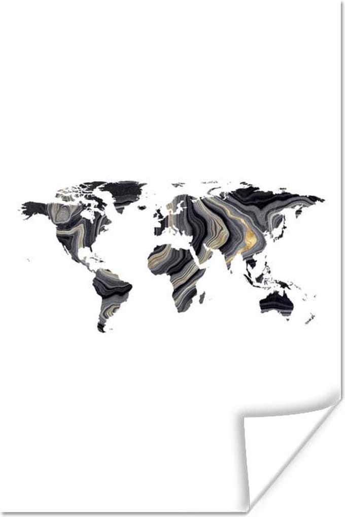 Poster Wereldkaart - Verf - Goud - 20x30 cm